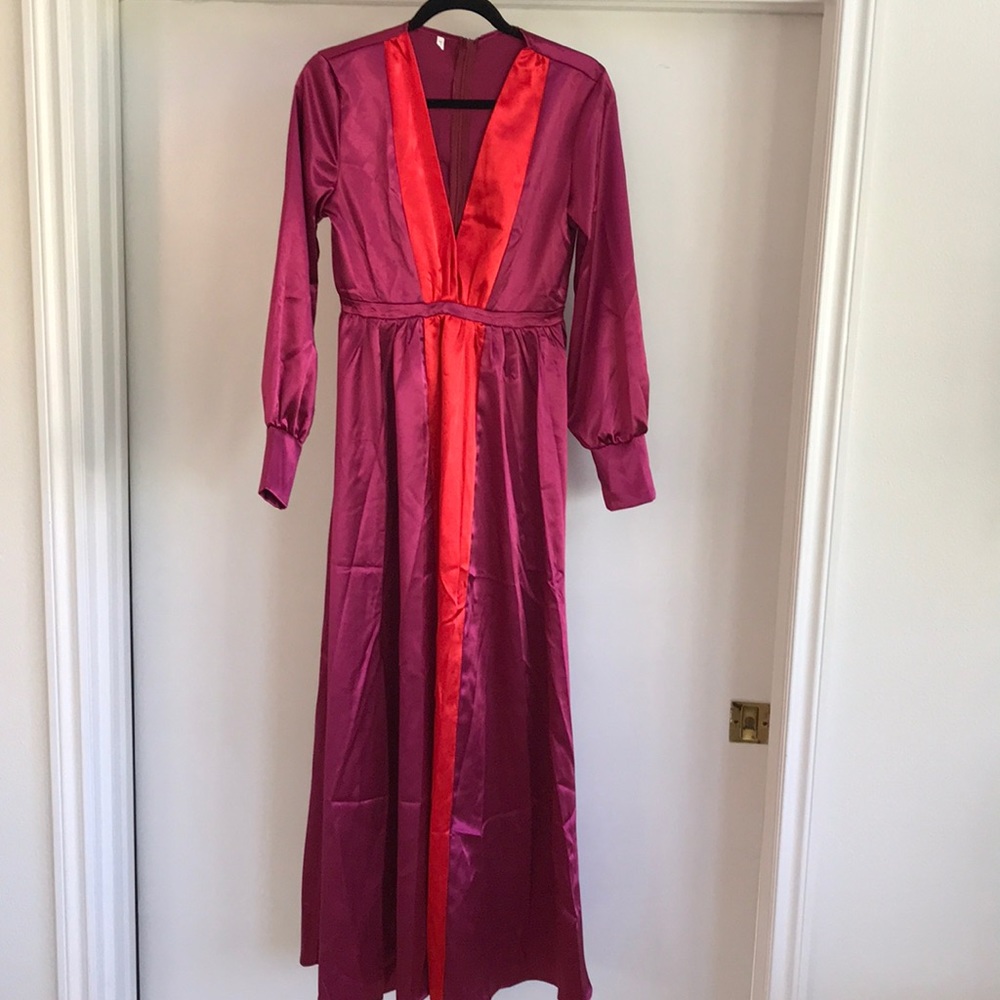 Magenta and red dress.